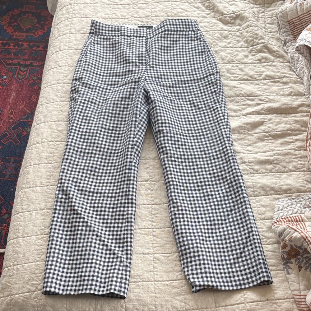 J. Crew Hayden Kickout Crop Pant Gingham Stretch Linen Navy Blue White.